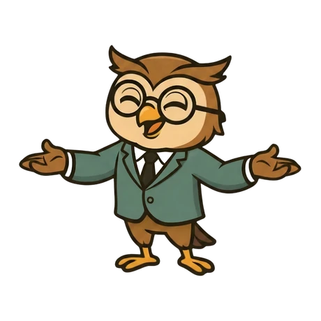 Oden, OW.L's illustrated owl mascot, in a teal suit with arms open
