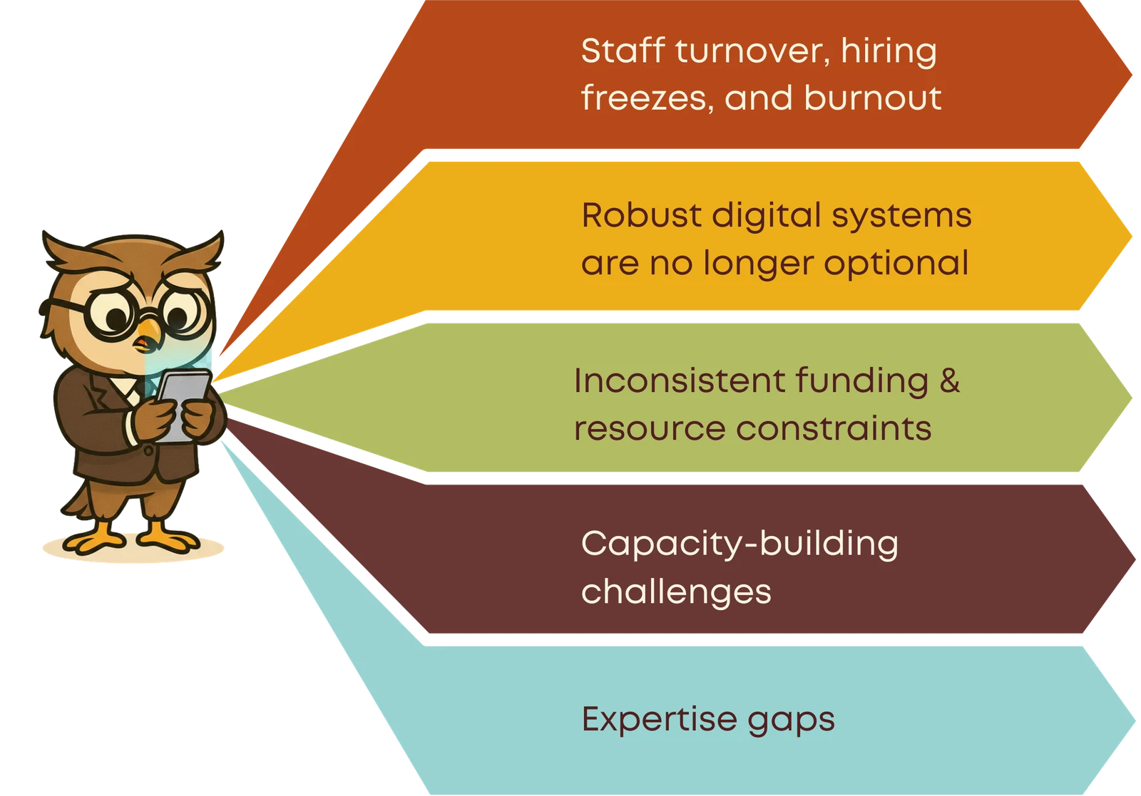 Five recurring pressures: staff turnover, hiring freezes and burnout; robust digital systems are no longer optional; inconsistent funding and resource constraints; capacity-building challenges; expertise gaps