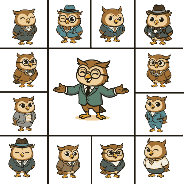 A grid of illustrated owls in different roles, representing The Parliament's coordinated network of consultants